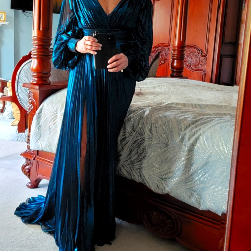 Elegant Shimmery Teal Gown with Deep V-Neck & Bishop Sleeves